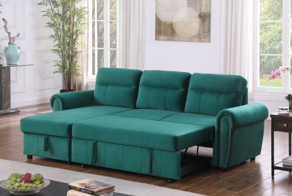 Ashton 96.5"W Green Velvet Fabric Reversible Sleeper Sectional Sofa Chaise - Image 13