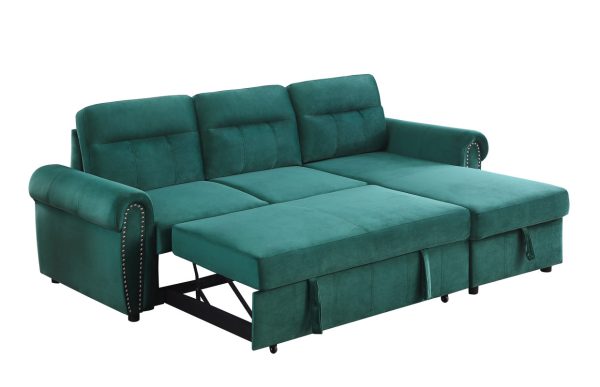 Ashton 96.5"W Green Velvet Fabric Reversible Sleeper Sectional Sofa Chaise - Image 9