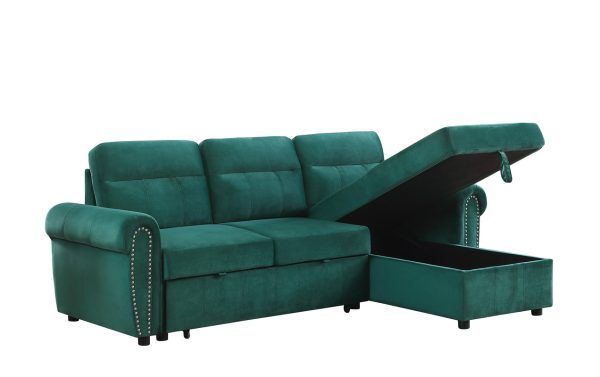 Ashton 96.5"W Green Velvet Fabric Reversible Sleeper Sectional Sofa Chaise - Image 8