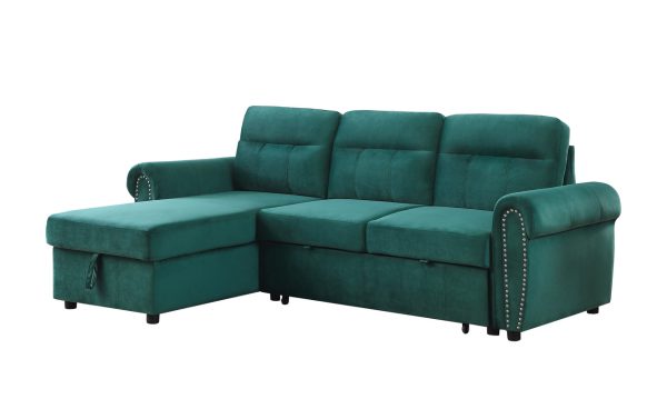 Ashton 96.5"W Green Velvet Fabric Reversible Sleeper Sectional Sofa Chaise - Image 7
