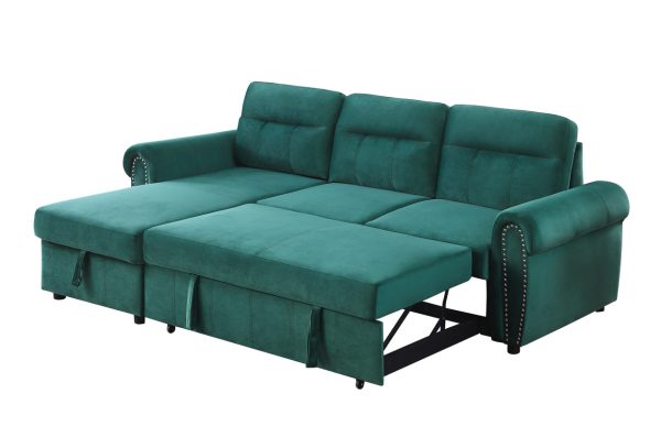 Ashton 96.5"W Green Velvet Fabric Reversible Sleeper Sectional Sofa Chaise - Image 6