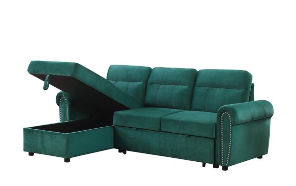 Ashton 96.5"W Green Velvet Fabric Reversible Sleeper Sectional Sofa Chaise - Image 5