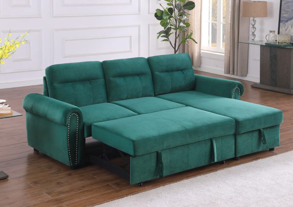 Ashton 96.5"W Green Velvet Fabric Reversible Sleeper Sectional Sofa Chaise - Image 4