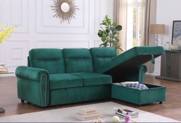 Ashton 96.5"W Green Velvet Fabric Reversible Sleeper Sectional Sofa Chaise - Image 3