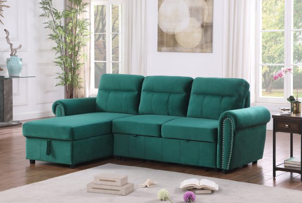 Ashton 96.5"W Green Velvet Fabric Reversible Sleeper Sectional Sofa Chaise - Image 2