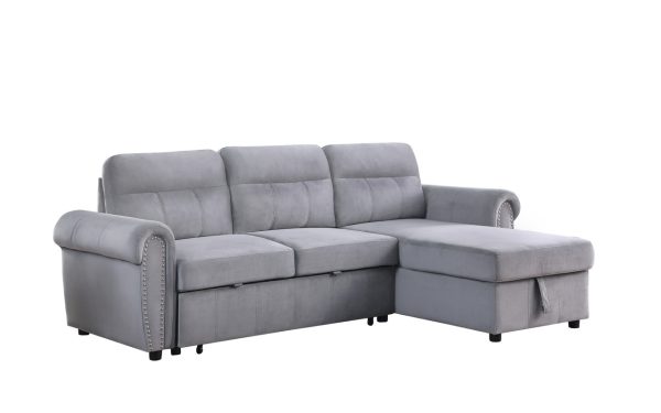 Ashton 96.5"W Gray Velvet Fabric Reversible Sleeper Sectional Sofa Chaise - Image 3