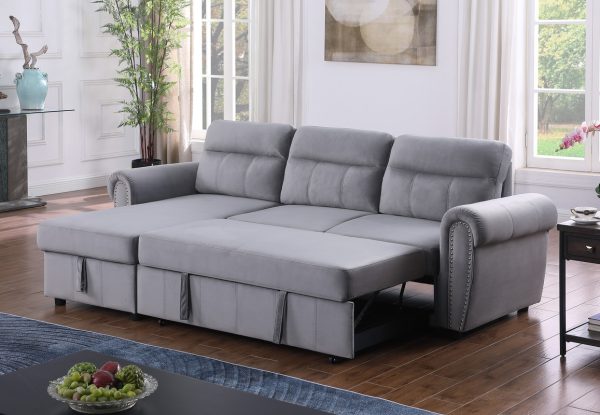 Ashton 96.5"W Gray Velvet Fabric Reversible Sleeper Sectional Sofa Chaise - Image 6
