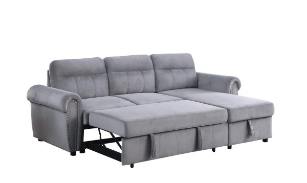 Ashton 96.5"W Gray Velvet Fabric Reversible Sleeper Sectional Sofa Chaise - Image 2