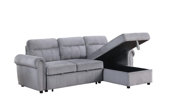 Ashton 96.5"W Gray Velvet Fabric Reversible Sleeper Sectional Sofa Chaise - Image 13