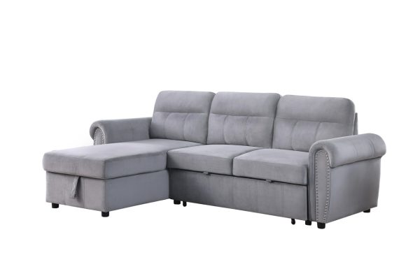 Ashton 96.5"W Gray Velvet Fabric Reversible Sleeper Sectional Sofa Chaise - Image 12