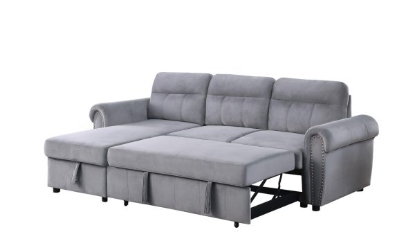 Ashton 96.5"W Gray Velvet Fabric Reversible Sleeper Sectional Sofa Chaise - Image 11