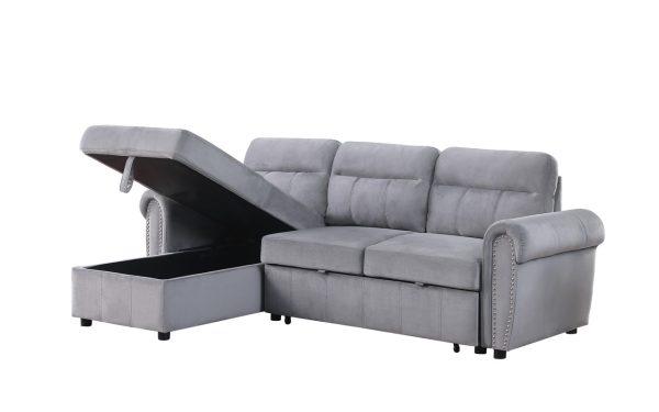 Ashton 96.5"W Gray Velvet Fabric Reversible Sleeper Sectional Sofa Chaise - Image 10