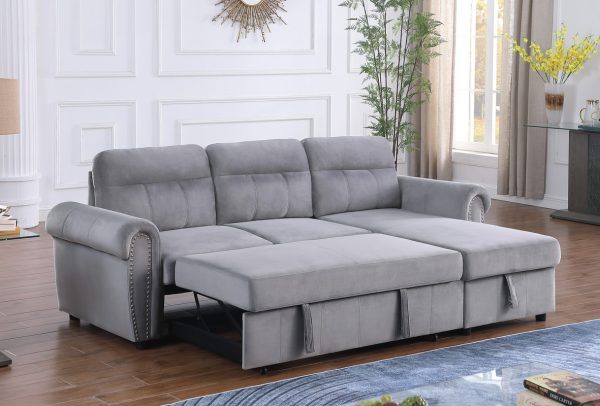 Ashton 96.5"W Gray Velvet Fabric Reversible Sleeper Sectional Sofa Chaise - Image 9