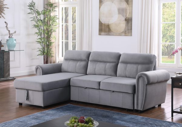 Ashton 96.5"W Gray Velvet Fabric Reversible Sleeper Sectional Sofa Chaise - Image 7