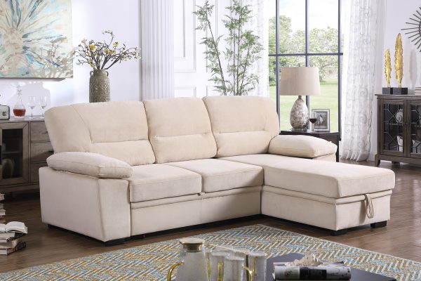Kipling 97.5"W Beige Velvet Fabric Reversible Sleeper Sectional Sofa Chaise