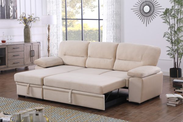 Kipling 97.5"W Beige Velvet Fabric Reversible Sleeper Sectional Sofa Chaise - Image 4