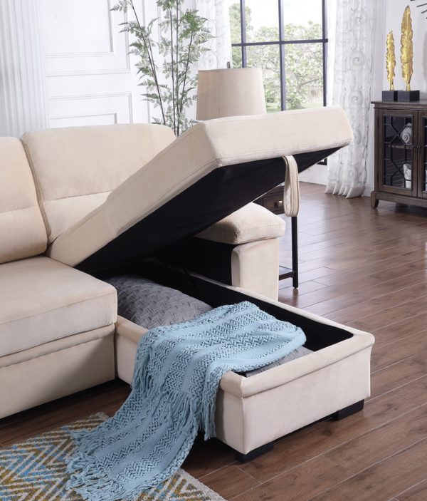 Kipling 97.5"W Beige Velvet Fabric Reversible Sleeper Sectional Sofa Chaise - Image 3