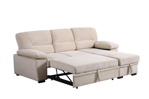 Kipling 97.5"W Beige Velvet Fabric Reversible Sleeper Sectional Sofa Chaise - Image 12