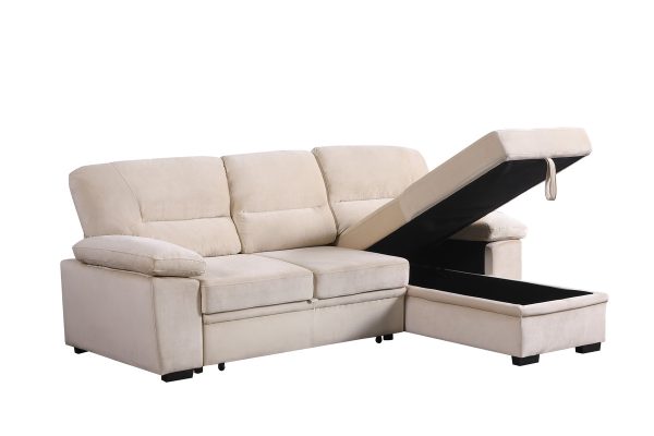 Kipling 97.5"W Beige Velvet Fabric Reversible Sleeper Sectional Sofa Chaise - Image 11
