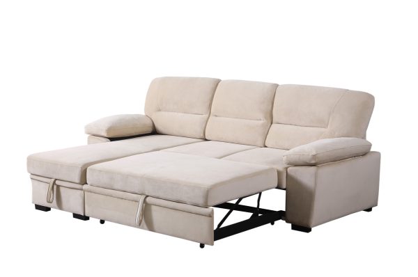 Kipling 97.5"W Beige Velvet Fabric Reversible Sleeper Sectional Sofa Chaise - Image 9