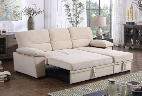Kipling 97.5"W Beige Velvet Fabric Reversible Sleeper Sectional Sofa Chaise - Image 7