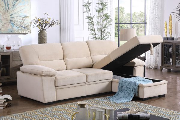 Kipling 97.5"W Beige Velvet Fabric Reversible Sleeper Sectional Sofa Chaise - Image 6
