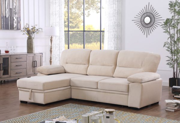 Kipling 97.5"W Beige Velvet Fabric Reversible Sleeper Sectional Sofa Chaise - Image 5