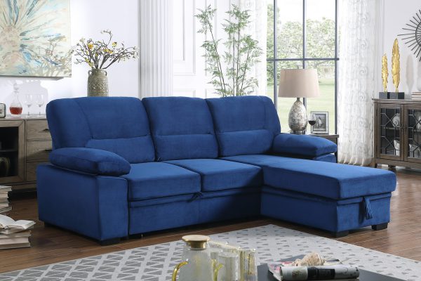Kipling 97.5"W Blue Velvet Fabric Reversible Sleeper Sectional Sofa Chaise