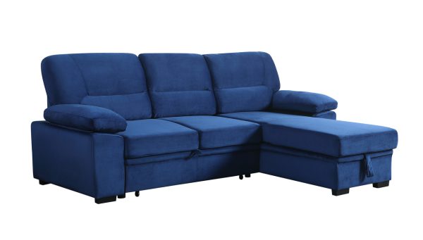 Kipling 97.5"W Blue Velvet Fabric Reversible Sleeper Sectional Sofa Chaise - Image 2