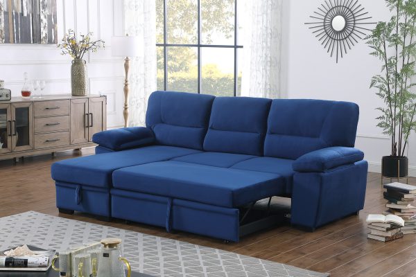 Kipling 97.5"W Blue Velvet Fabric Reversible Sleeper Sectional Sofa Chaise - Image 5