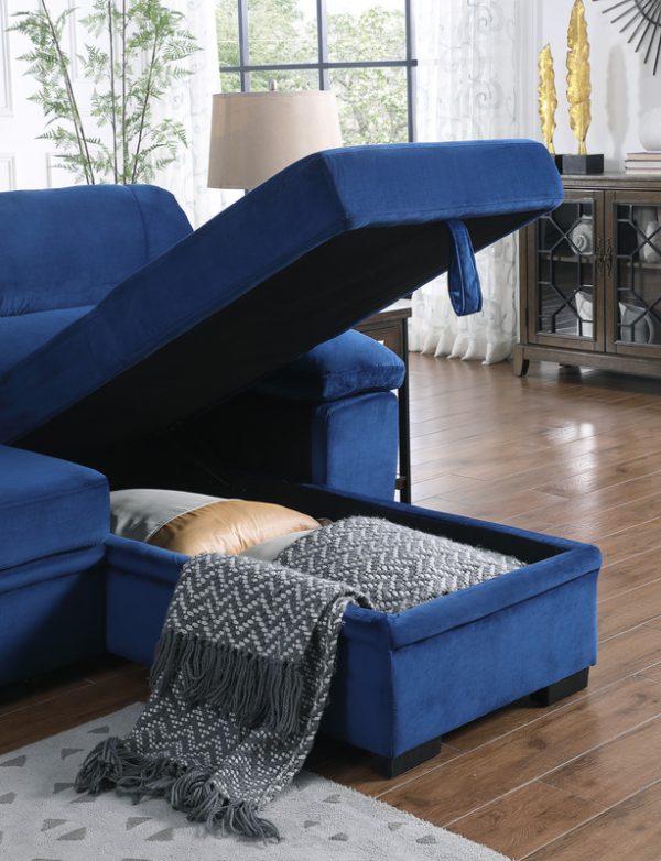 Kipling 97.5"W Blue Velvet Fabric Reversible Sleeper Sectional Sofa Chaise - Image 4