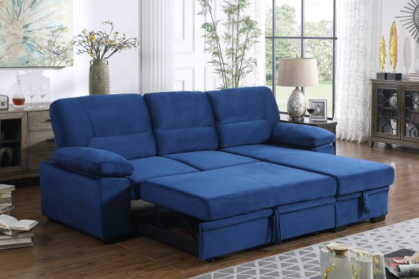 Kipling 97.5"W Blue Velvet Fabric Reversible Sleeper Sectional Sofa Chaise - Image 8