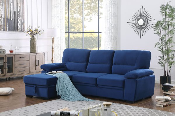 Kipling 97.5"W Blue Velvet Fabric Reversible Sleeper Sectional Sofa Chaise - Image 6