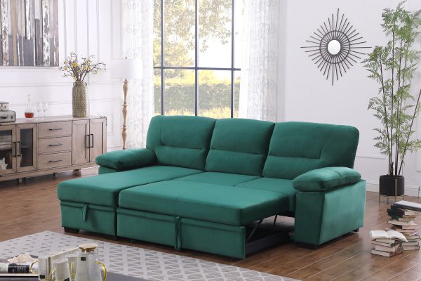 Kipling 97.5"W Green Velvet Fabric Reversible Sleeper Sectional Sofa Chaise - Image 2