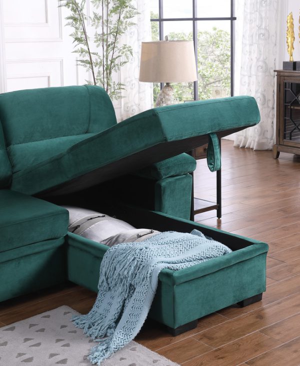 Kipling 97.5"W Green Velvet Fabric Reversible Sleeper Sectional Sofa Chaise - Image 13