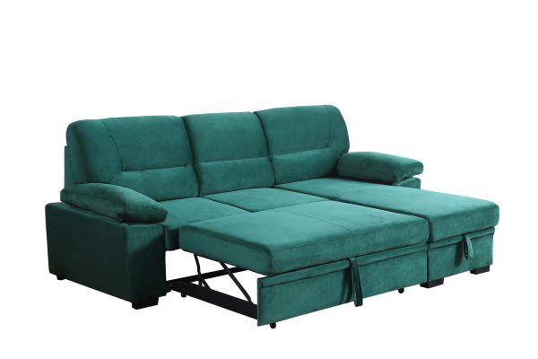 Kipling 97.5"W Green Velvet Fabric Reversible Sleeper Sectional Sofa Chaise - Image 10
