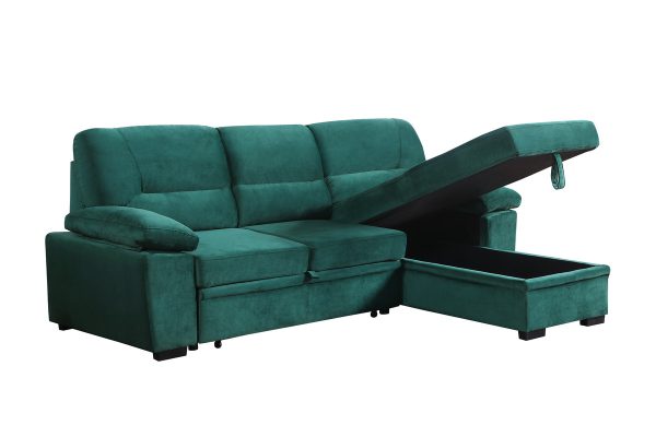 Kipling 97.5"W Green Velvet Fabric Reversible Sleeper Sectional Sofa Chaise - Image 9