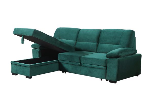 Kipling 97.5"W Green Velvet Fabric Reversible Sleeper Sectional Sofa Chaise - Image 6