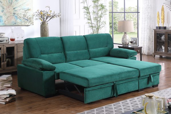 Kipling 97.5"W Green Velvet Fabric Reversible Sleeper Sectional Sofa Chaise - Image 5