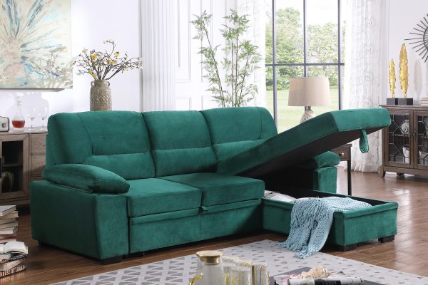 Kipling 97.5"W Green Velvet Fabric Reversible Sleeper Sectional Sofa Chaise - Image 4