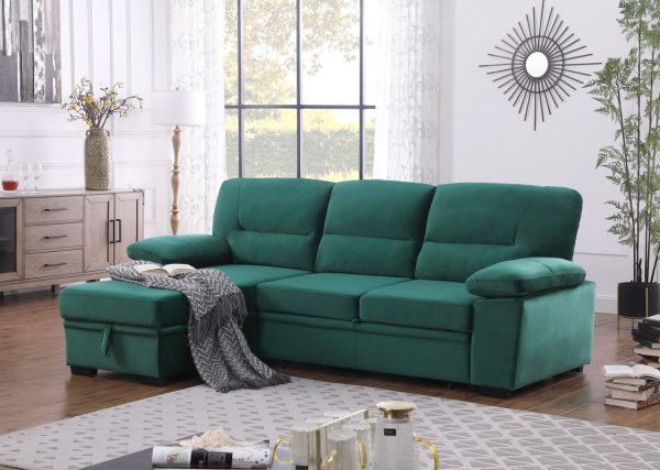 Kipling 97.5"W Green Velvet Fabric Reversible Sleeper Sectional Sofa Chaise - Image 3