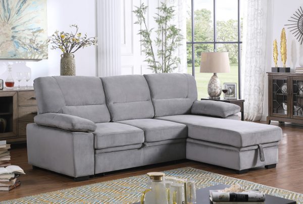 Kipling 97.5"W Gray Velvet Fabric Reversible Sleeper Sectional Sofa Chaise
