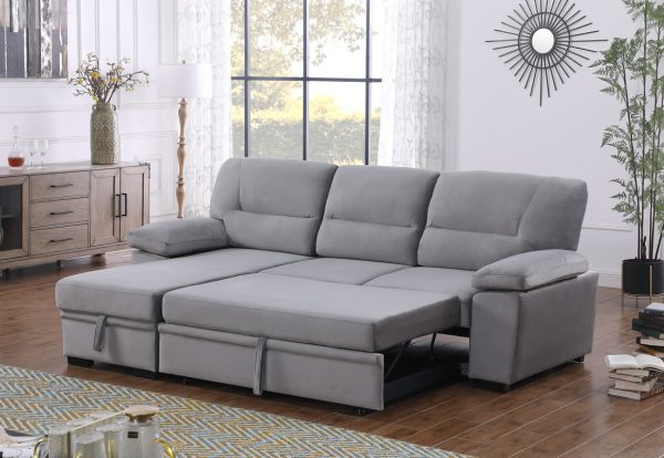 Kipling 97.5"W Gray Velvet Fabric Reversible Sleeper Sectional Sofa Chaise - Image 5