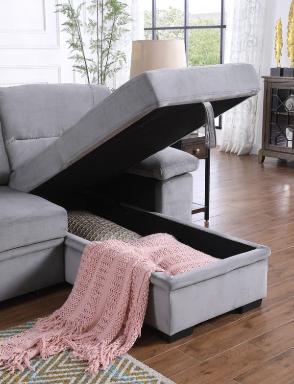 Kipling 97.5"W Gray Velvet Fabric Reversible Sleeper Sectional Sofa Chaise - Image 4