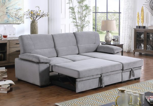 Kipling 97.5"W Gray Velvet Fabric Reversible Sleeper Sectional Sofa Chaise - Image 8