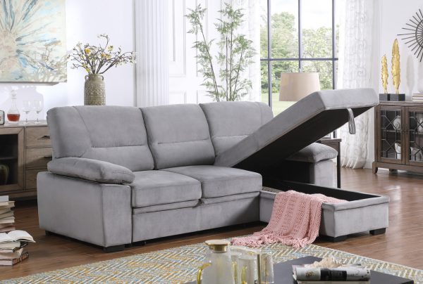 Kipling 97.5"W Gray Velvet Fabric Reversible Sleeper Sectional Sofa Chaise - Image 7