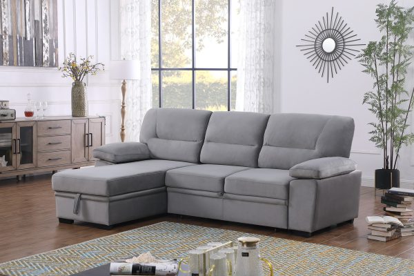 Kipling 97.5"W Gray Velvet Fabric Reversible Sleeper Sectional Sofa Chaise - Image 6