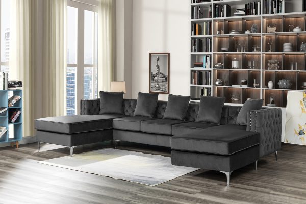 Ryan 133"W Dark Gray Velvet Double Chaise Sectional Sofa with Nail-Head Trim