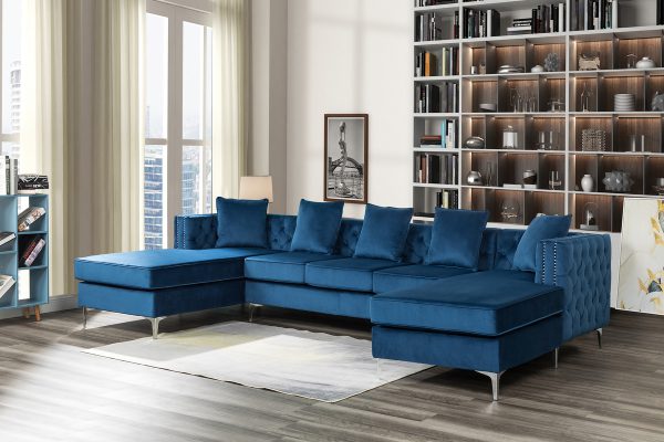 Ryan 133"W Deep Blue Velvet Double Chaise Sectional Sofa with Nail-Head Trim