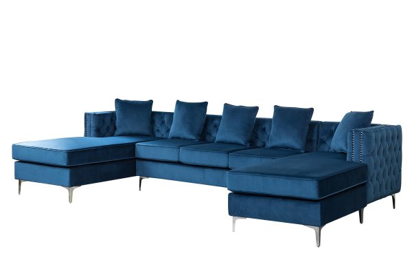 Ryan 133"W Deep Blue Velvet Double Chaise Sectional Sofa with Nail-Head Trim - Image 3